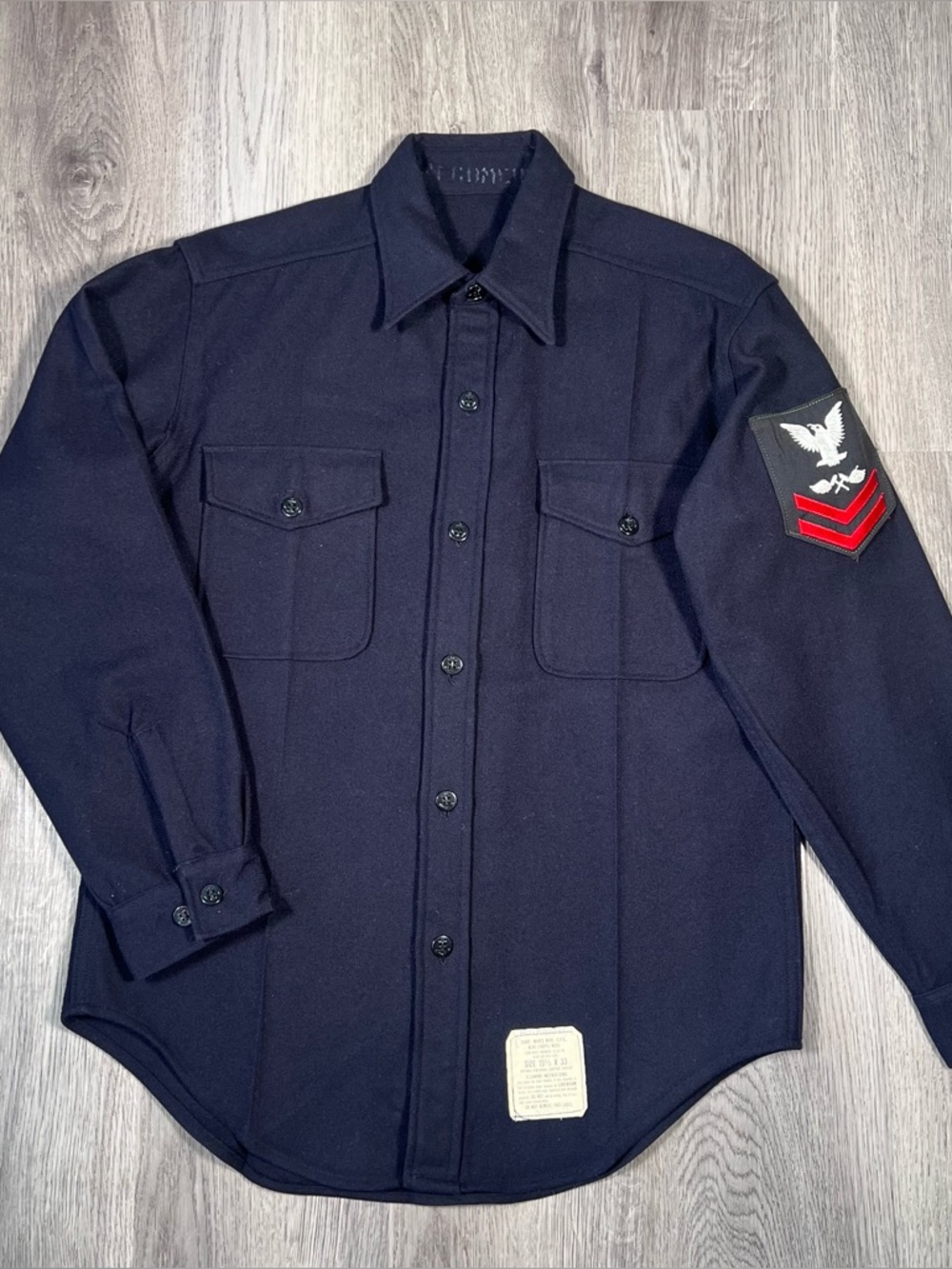 VTG Navy CPO‎ Wool Shirt 15.5x33 Medium Military Flannel Anchor Buttons Blue